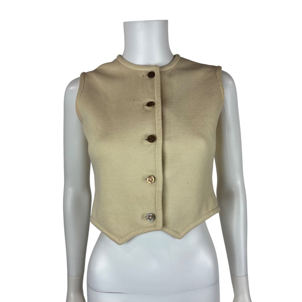 Vintage 70s Cropped Sweater Vest Womens Small Beige Wool Gold Button Top